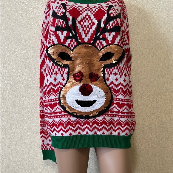 No Boundaries- Festive Reindeer Sweater - Red and Green - Picture 3 of 8